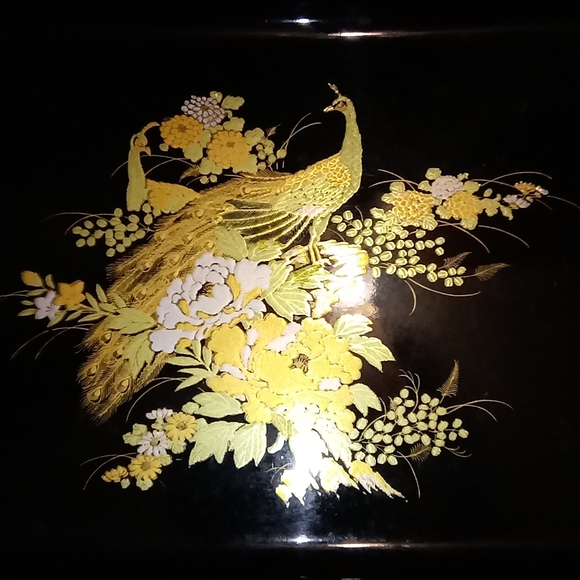 Otagiri Original Gold Peacock Flowers Black Lacquer Tray Dish Hand Crafted Japan - Picture 5 of 14